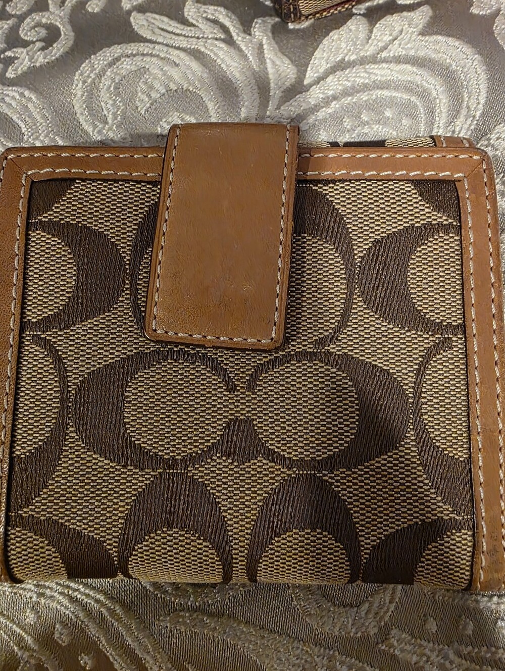 Coach Brown and Tan Signature Compact Wallet